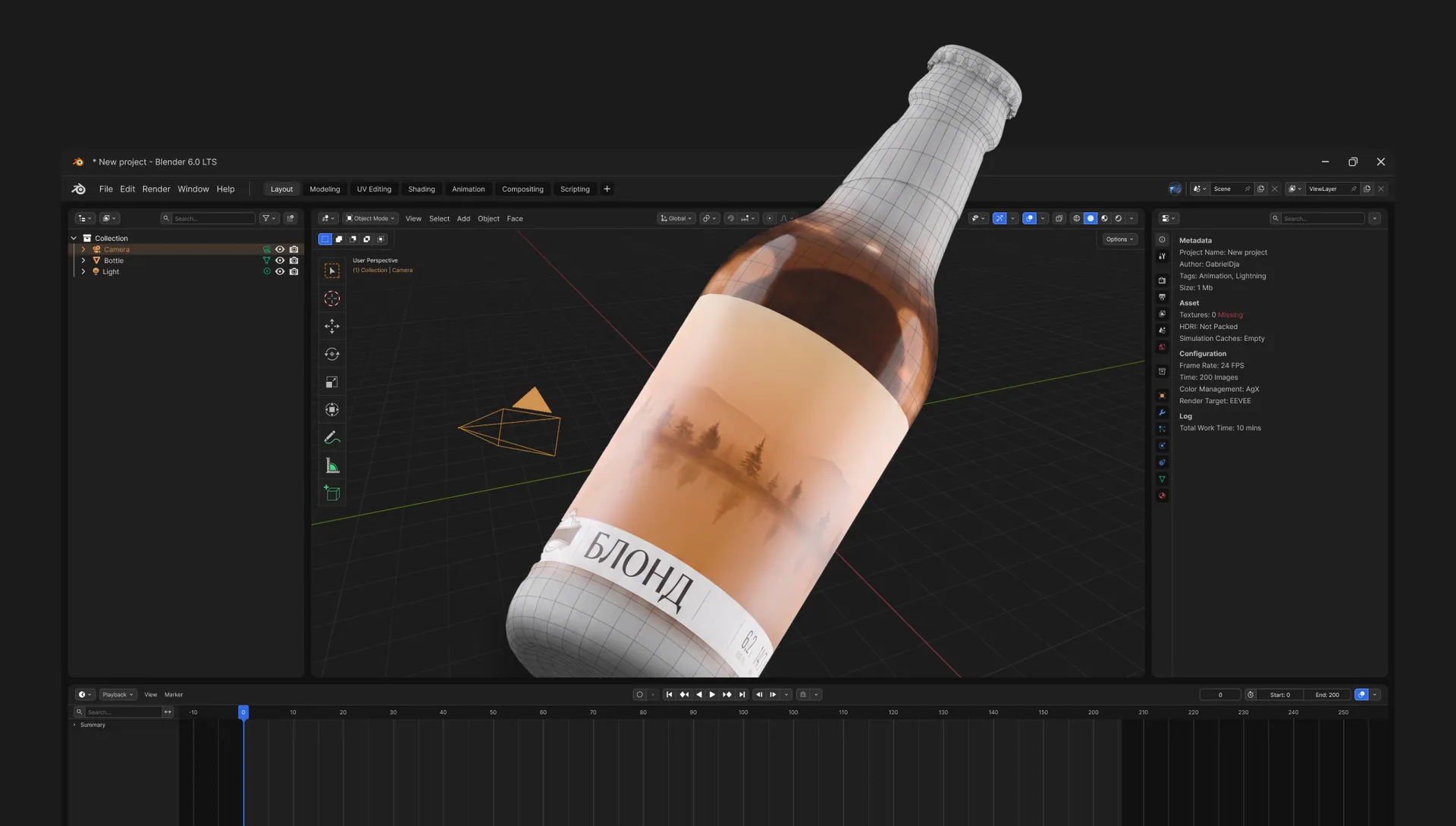 3D-модель бутылки Балтика Brew в интерфейсе Blender