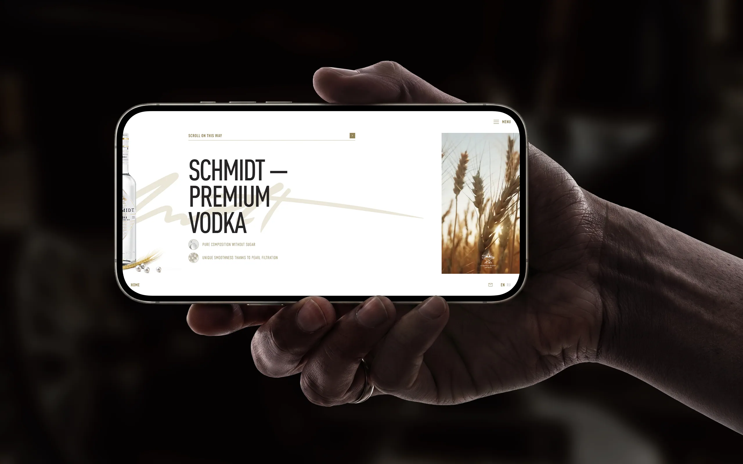 Горизонтальная композиция сайта SCHMIDT на смартфоне в руке